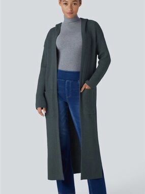 Halara Long Open-Front Ribbed Cardigan - Slate Blue Sz S